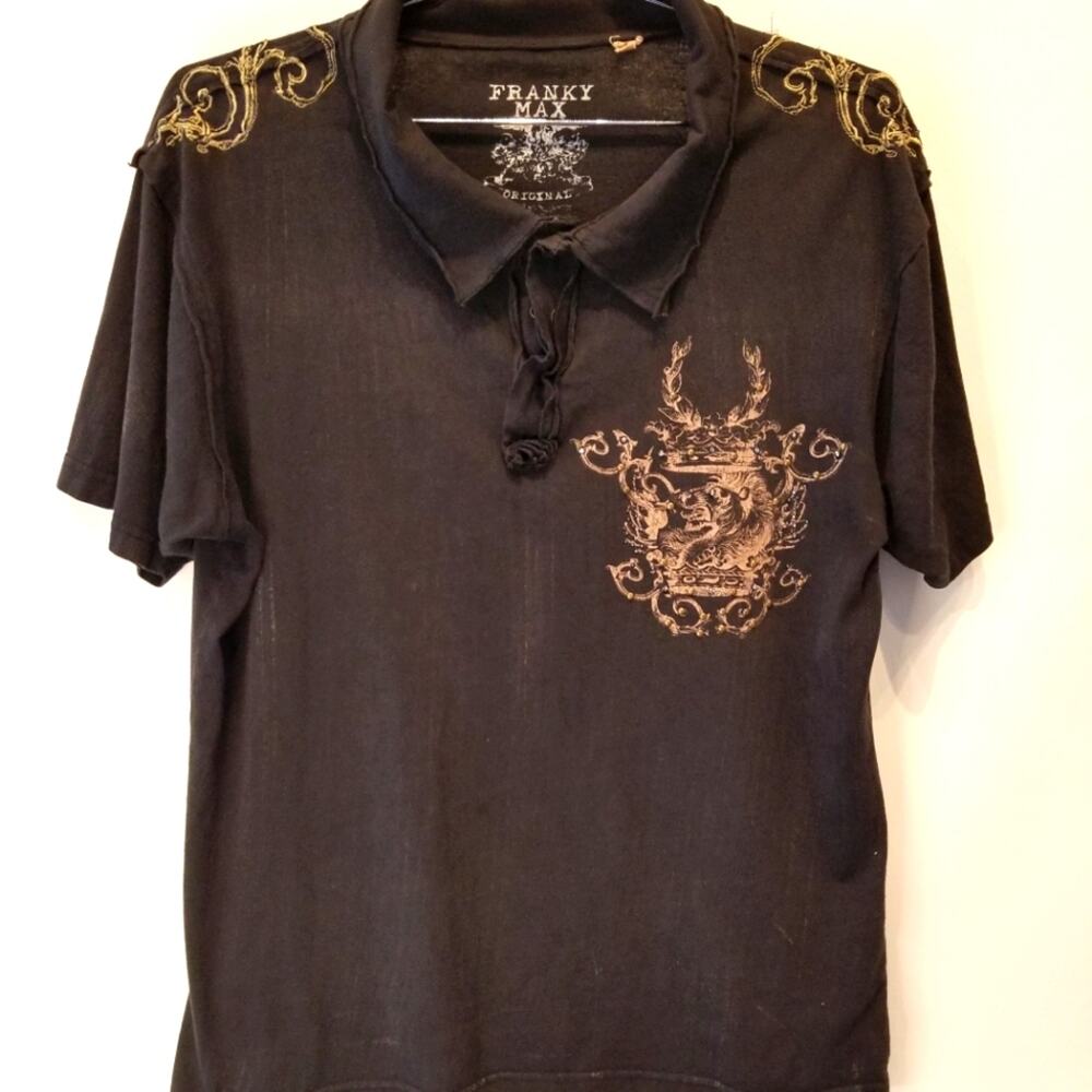 Franky Max Original Men Distressed Collar T-Shirt Short Sleeve Comdfortable Sz L
